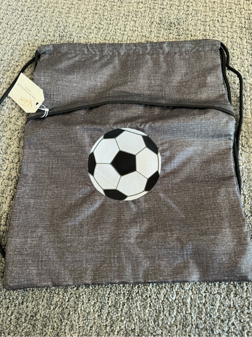 Thirty-One Gifts:Kids cinch sack in Gray with embroidered soccer ball.